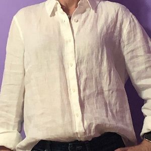 Women Irish Linen white button down blouse.